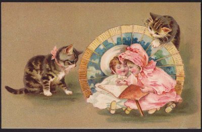 画像1: 英国ntique postcard*H.Maguire*仔猫と幼児*本はやめて遊ぼうよ!