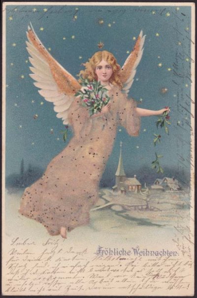 画像1: ドイツＡｎｔｉｑｕｅ christmas postcard*星あかりの雪の夜、柊を降らせる天使。