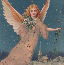 画像1: ドイツＡｎｔｉｑｕｅ christmas postcard*星あかりの雪の夜、柊を降らせる天使。 (1)