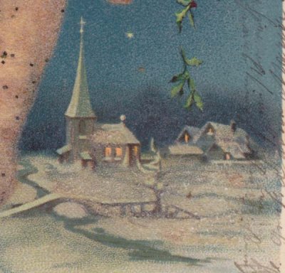 画像3: ドイツＡｎｔｉｑｕｅ christmas postcard*星あかりの雪の夜、柊を降らせる天使。