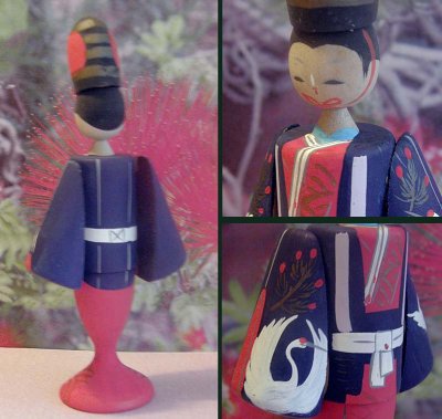 画像1: こけし人形 烏帽子と鶴の着物