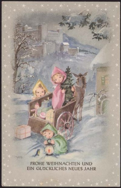 画像1: オーストリアvintage X'mas postcard*静かな雪の 夜、プレゼント満載の荷車でロバと一緒にご機嫌の子供達