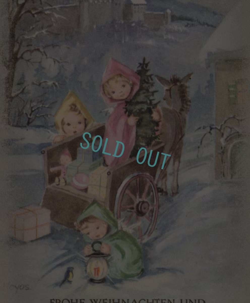 画像1: オーストリアvintage X'mas postcard*静かな雪の 夜、プレゼント満載の荷車でロバと一緒にご機嫌の子供達 (1)