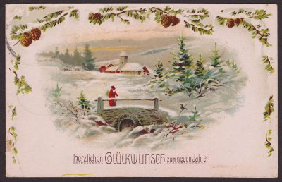 画像1: ドイツantique postcard,new year,遠くに教会を臨む雪景色,橋