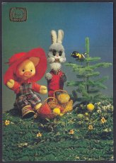 画像2: ロシアvintage postcard＊ウサギとブタさんモミの木でハイキング小鳥も一緒に (2)