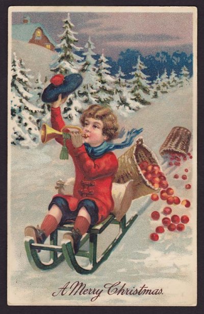 画像1: ドイツantique X'mas postcard,ラッパを吹く男の子