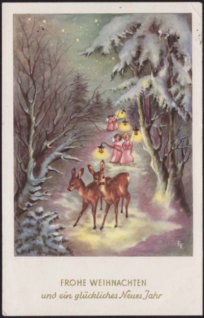 画像1: オーストリアvintage X'mas & New year postcard＊＊＊鹿さんを先頭に小さな天使たちが雪みちを照らします