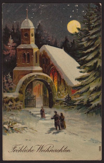 画像1: ドイツantique postcard　X'mas 粉雪舞う月夜の教会