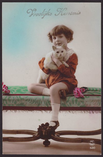 画像1: フランスアンティークポストカード 白い猫を抱いた少女 pari