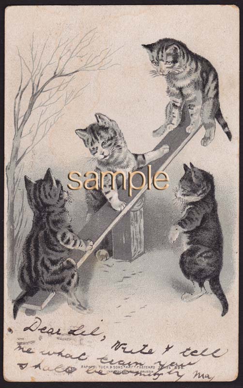 アンティークポストカード,H.Maguire風,シーソーをするネコ,antique