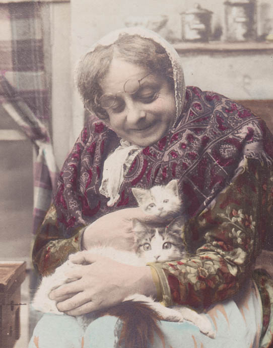 画像1: フランスアンティークポストカード 子ネコを抱いたおばあさん (1)