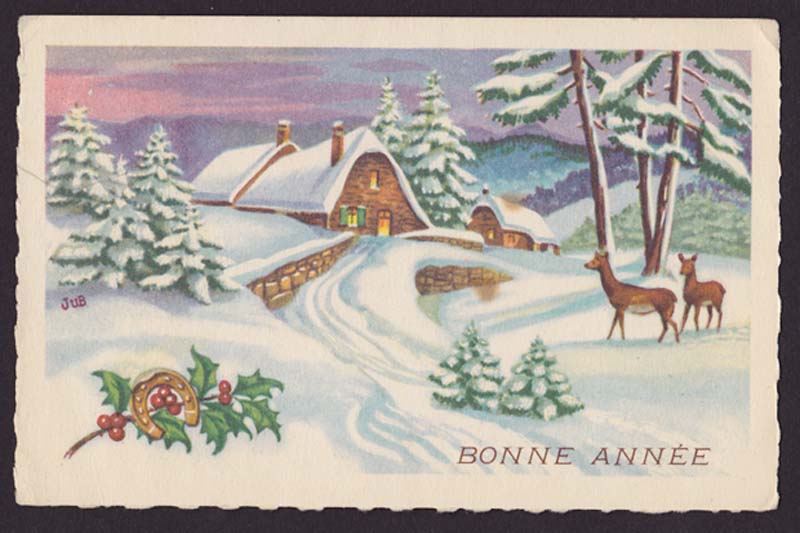 画像1: フランスantique postcard,bonne annee,雪景色に鹿とヒイラギ (1)
