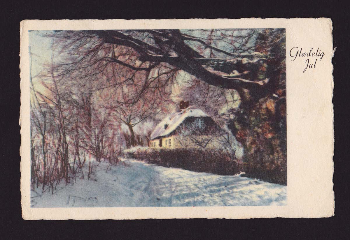 デンマークantique postcard X'mas 田舎の雪景色,古い絵葉書 