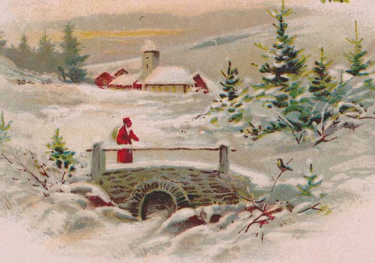 画像1: ドイツantique postcard,new year,遠くに教会を臨む雪景色,橋 (1)
