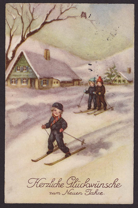 画像1: ドイツantique postcard,new year スキーをする子供達 雪 (1)