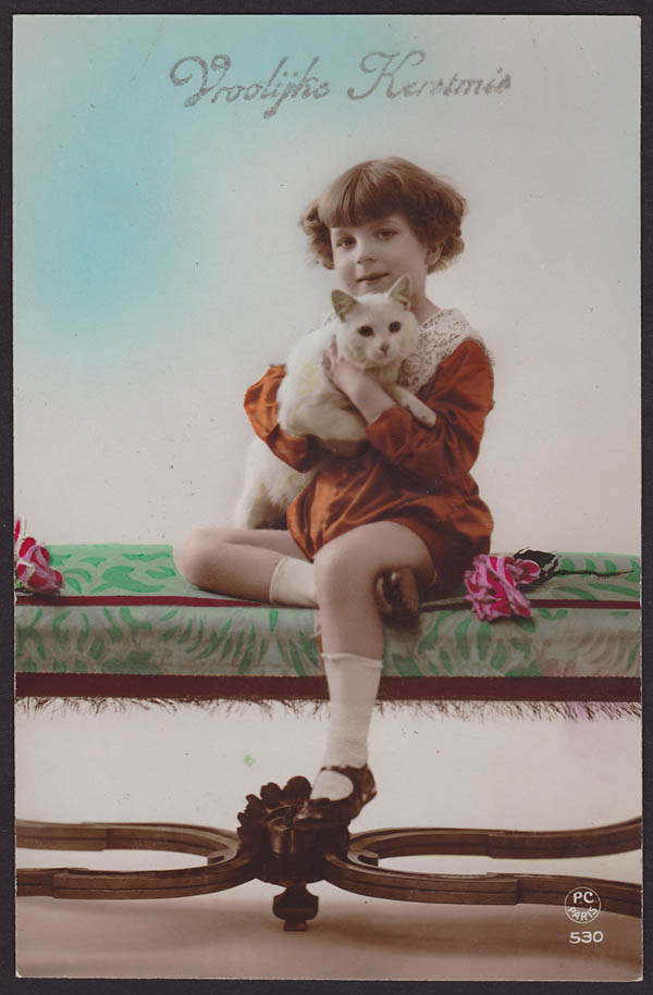 フランスアンティークポストカード 白い猫を抱いた少女,フランス