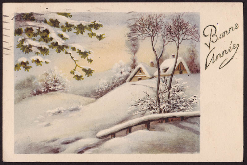 画像1: フランスantique postcard,bonne annee,田舎の雪景色 (1)