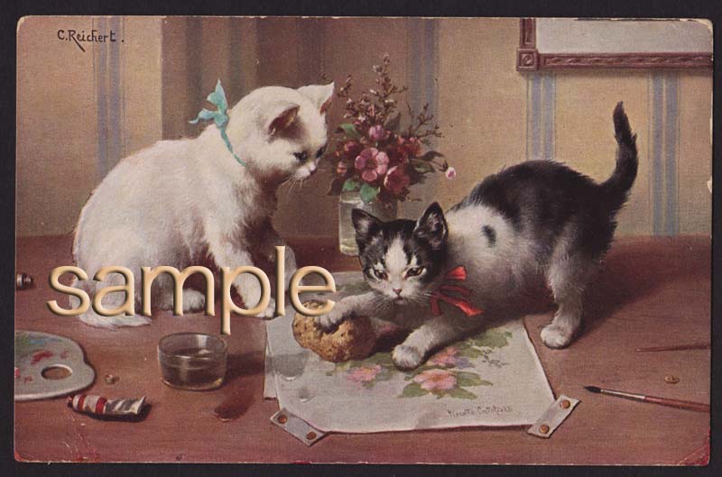 イギリスアンティーク Postcard いたずらッ子な白ネコ 白黒ねこ 猫 Antique アンティーク ヴィンテージ 猫 ポストカード 古い絵葉書 絵はがき 英国 グリーティングカード